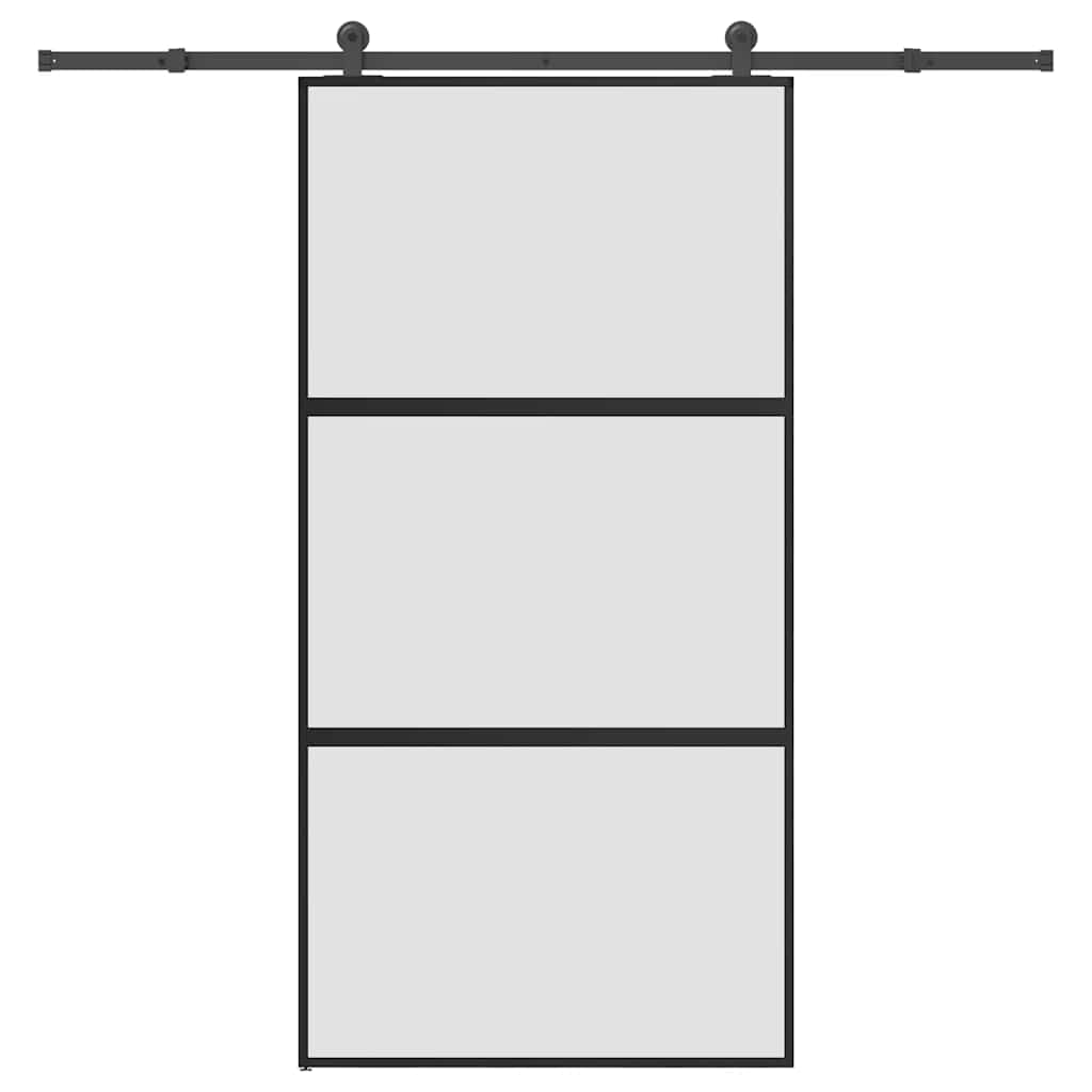 Porta scorrevole 102,5 x 205 cm, vetro temperato opaco, telaio in alluminio nero, con set di ferramenta, scorrimento silenzioso per casa, salvaspazio