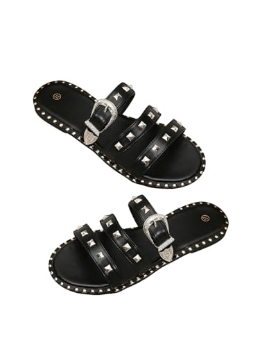 Verdusa Women'S Studded Slide Sandals Punk Rivet Buckle Slip On Flats Sandals Black 8.5 thumb #1
