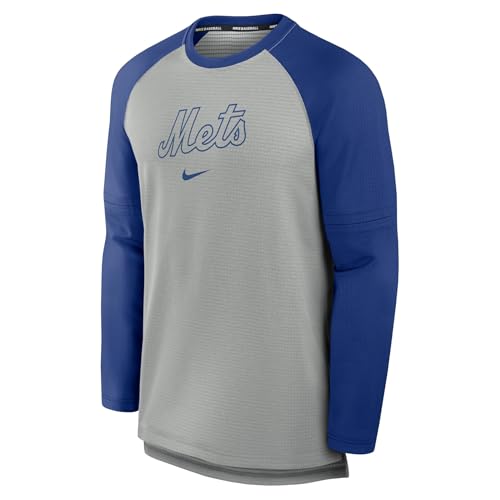 Nike Men's MLB Authentic Collection Game Time Raglan Performance Long Sleeve T-Shirt (US, Alpha, XX-Large, Regular, Regular, Gray/Blue, New York Mets)