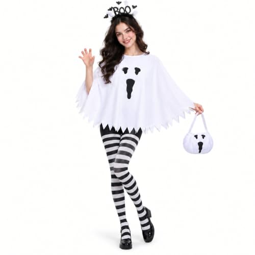 Women Ghost Costume 4 PCS Halloween Costumes 2026 Glow in Dark Poncho with Headband Stripe Tights and Bucket - image 1