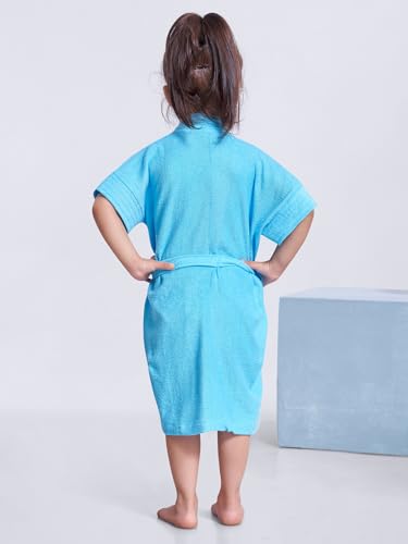 Image of SAND DUNE Kids Bathrobe | Terry Cotton Gown | Half Sleeves | Knee Length | Pocket with Waist Belt | Sky Blue Color Baby Girl Bathrobe - 1 to 4 Years Age