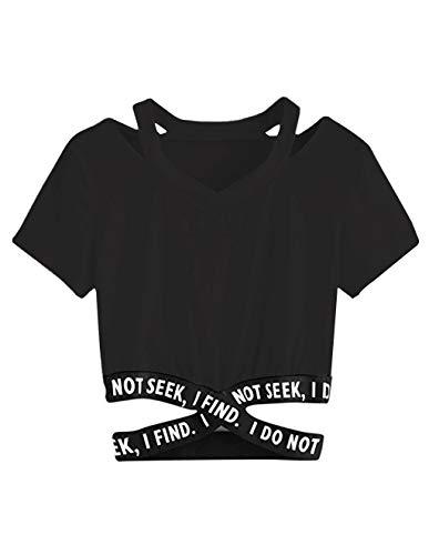Women's Casual Letter Print Summer Short Sleeve Criss Cross Waist Crop T-Shirts Solid
