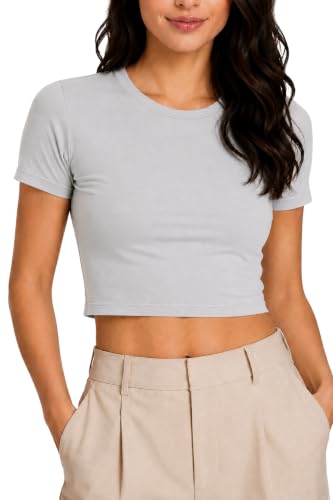 Image of Re Tech UK - Ladies Cotton Slim Fit Crop Tops for Women, (8-10, Light Grey)