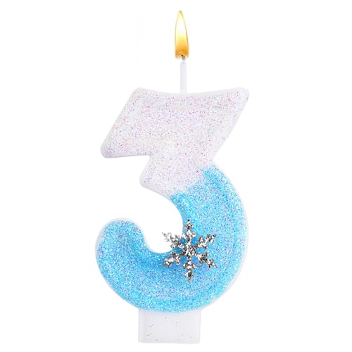 Alaoo Velas Cumpleaños Números 3,3D Copo Nieve Azul Vela,Vela de Número 3 de Pastel Decoración para Decoración,Aniversarios,Baby Shower de Cumpleaños