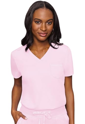 Image of Med Couture Women's V-Neck Scrub Top, Modern Fit Tuck-in Top with Stretchy Rib-Knit Shoulders and Chest Pocket - MC7448