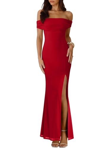 Caracilia Women’s Off Shoulder Maxi Wedding Guest Dress Summer Bodycon High Split Mesh Formal Cocktail Evening Party Dresses Red Medium