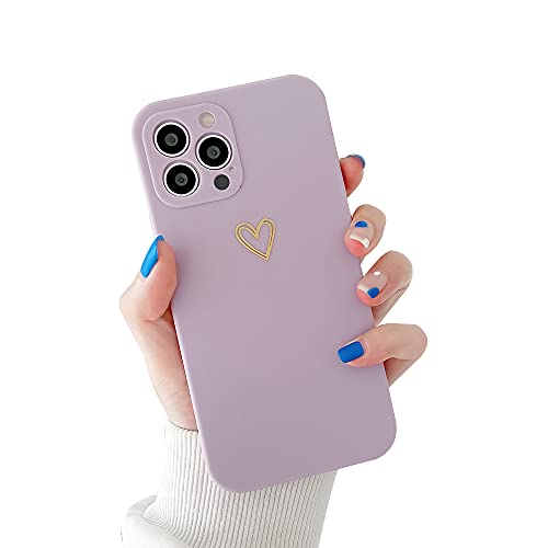 Ownest Compatible with iPhone 13 Pro Max Case 6.7 Inch [Not Fit 13 13 Pro] for Soft Rubber Liquid Silicone Gold Heart Pattern Slim Protective Case for Women Girls for iPhone 13 Pro Max-Purple