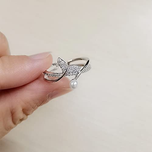 Cz Mermaid Silver Ring For Women Girls Adjustable Expandable Layered Dophin Fish Tail Shell Pearl Open Wrap Finger Rings Comfort Fit Dainty Birthday Wedding Anniverary Jewelry Gift Daughter Sister (Silver) #TOP3