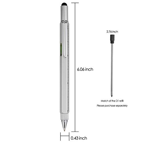 Hetaocat Gifts Multi Tech Tool Pen 6 In 1 Stylus Pen - Screwdriver Pen With Ruler, Levelgauge, Ballpoint Pen Black Ink (Silver) #TOP2