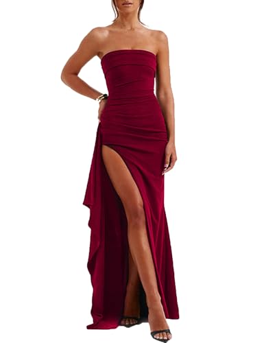 Caintima Women's Backless High Split Strapless Prom Formal Dress, M Burgundy
