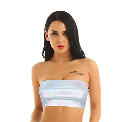 Top de Tubo Brillante para Mujer, Top de Tubo Corto sin Tirantes metálico Rave Bandeau Bra para Fiesta Clubwear, Chaleco Sexy básico Causal básico elástico sin Relleno para Bailar, Festivales
