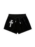 SOLY HUX Women's Y2k Rhinestone Velvet Shorts Drawstring Elastic Waist Track Shorts Black Geometric S