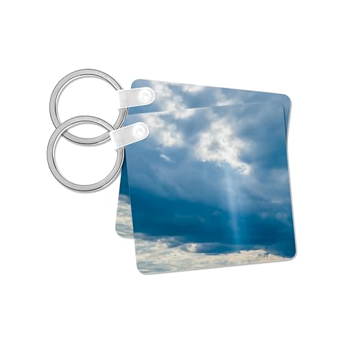 set of 2 Key Chains - Cloudy sky and a vertical ray of sunshine. Blue and white colors Alexis Photography - Nature Sky