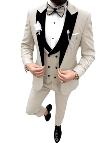 Wangyue Double Breasted Mens Tuxedo Suit Set 3 Piece Wedding Tuxedos for Men Slim Fit Prom Suits Groom Tux with Bow Tie