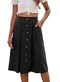 Naggoo Midi Skirts for Women Button Down High Elastic Waist Linen Skirt with Pockets 2022 Fall (M,Black)