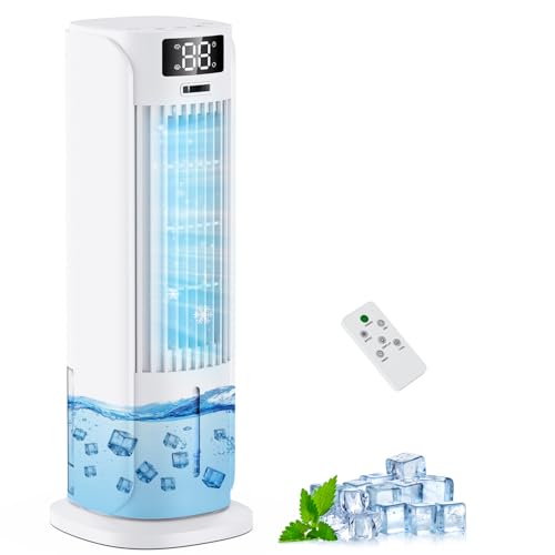 Enfriador de Aire 4 en 1 con Depósito de Agua, Aire Acondicionado portatil con 2 Modos, 6 Velocidades, Oscilación 90°, Temporizador 12H, Portátil, Mando a Distancia, Silencioso para Hogar