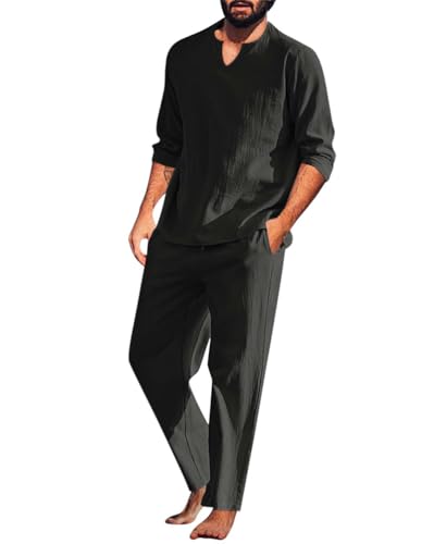Survêtement homme ensemble été 2 pièces pyjama en lin manches longues chemise et pantalon de jogging