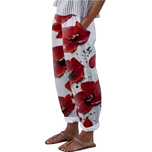 Ainiyo Femmes Haute Coton Pantalon Droit décontracté Taille Ample imprimé avec Poches Pantalons Longs Femmes Pantalons décontractés Pantalon Cuir Boutons Cover
