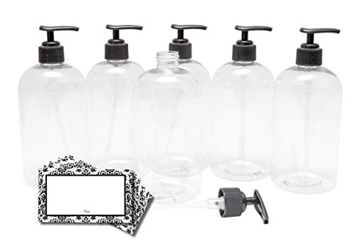 Baire Bottles 16 oz Empty Refillable Plastic Pump Bottles Dispenser 6 Pk PET, BPA Free Refillable Containers Shampoo Lotion Oil Liquid Soap Waterproof Labels USA (Clear with Black Pump, Damask Labels)