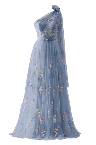 Cudiew Long Flower Embroidery Tulle One Shoulder Prom Dresses for Women A-Line Sleeveless Fairy Floral Corset Flowy Formal Evening Gowns,Dusty Blue US12