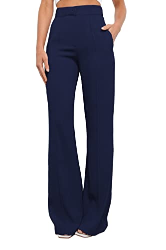 Siflif Women's Causal High Waisted Wide Leg Pants, Bootcut Dress Pants For Women, Work Pants With Pockets For Women Office Dark Blue #TOP4