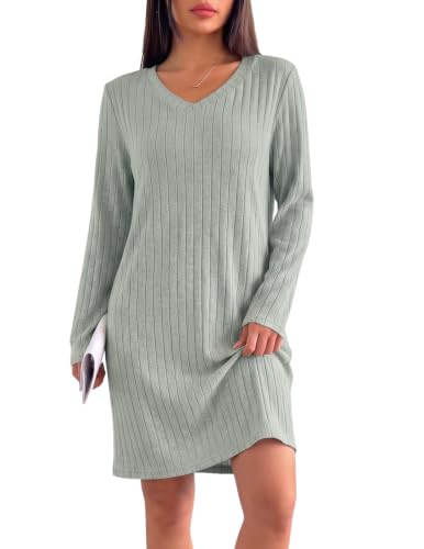 Ekouaer Long Sleeve Nightgowns for Women V Neck Ribbed Knit Sleepwear S-3XL