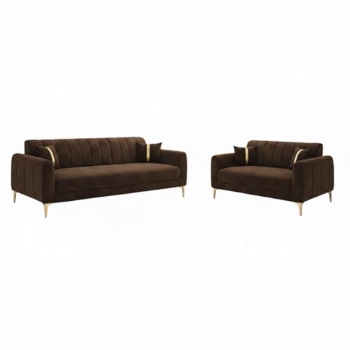 Image of Hermione Luxe Velvet-Suede Fabric 3 Seater + 2 Seater Sofa Set | Golden Legs | Comfortable & Spacious Seating | Modern Sofa Set for Living Room - Dark Brown