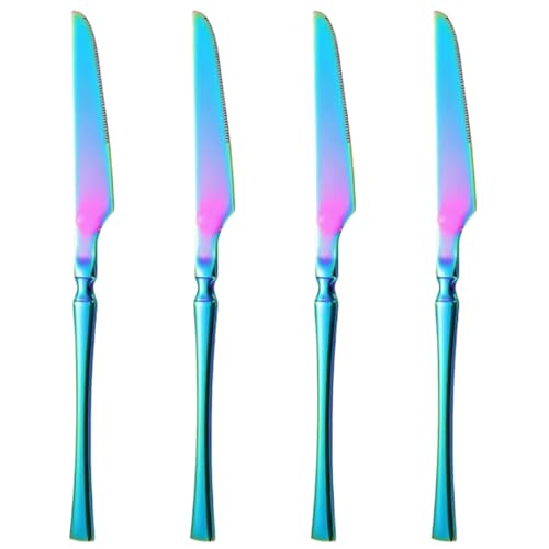 Image of Set of 4 Dinner Knives | Korean Vintage Style Flatware Steak Knife Set | Dishwasher-Safe Stainless Steel Cutlery for Home, Restaurant & Gift Giving (Rainbow)