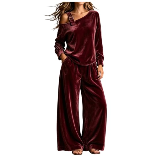 Women's 2 Piece Spring Fall Outfits Elegant Velvet Sexy Lounge Set Wine