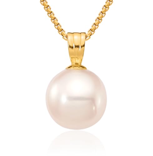 14K Solid Yellow Gold 8mm White Round Freshwater Cultured Pearl Necklace Chain Pendant Charm
