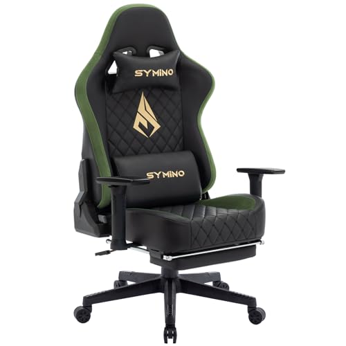 Symino Chaise Gamer Ergonomique - Fauteuil de Bureau avec Repose-Pieds Télescopique, Support Lombaire et Hauteur Réglable - 200kg (Simili Cuir Black-Green)