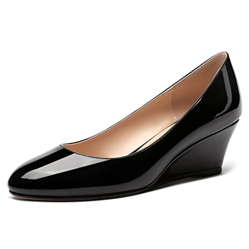 MERRORI Women's Slip On Round Toe Solid Patent Wedge Low Heel Pumps Shoes 2 Inch