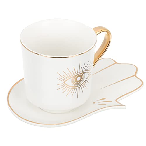 Operitacx Porcelain Tea Set Ceramic Coffee Cups Turkish Evil Eye Tea Cups Water Milk Drinking Cup Coffee Mugs with Hamsa Hand Saucer for Home Office Cafe Restaurant Decor British Coffee Cups