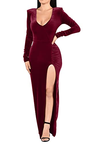Kafiloe Sexy V Neck Velvet Dress For Women Long Sleeve Ruched Bodycon Side Slit Party Cocktail Dress 90S Retro Maxi Dress Wine Red S #TOP19