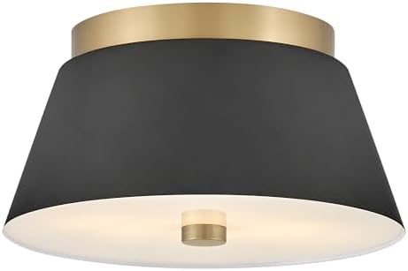 Lark Tess Small Flush Mount Ceiling Light – Classic Drum Style, 2-Light, Etched Glass - Black with Lacquered Brass Accents