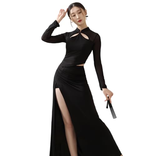 Ensemble Cheongsam Moderne Femme Robe Qipao Sexy Noir Vetement Asiatique Soie Lait
