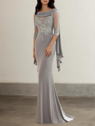 3/4 Sleeve Lace Appliques Mother of The Bride Dress for Wedding Mermaid Chiffon Wedding Guest Dress with Scarf2