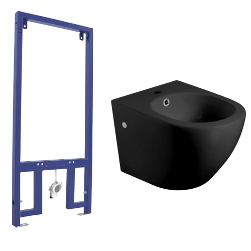 Pack Bidet Suspendido Cerámico de Baño con Bastidor para Bidé | Bidé al Aire de Fondo Reducido Sin Tapa Redondo Cerámico Moderno y Fácil Limpieza | Acompañado de Bastidor | Negro Mate