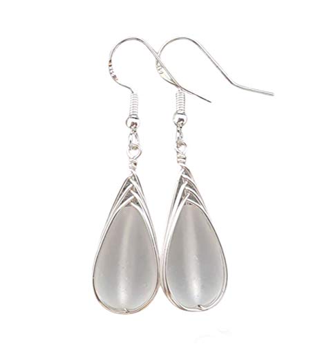 Handmade in Hawaii, Special Wire Braided"Crystal" sea glass earrings,"April Birthstone", (Hawaii Gift Wrapped, Customizable Gift Message)