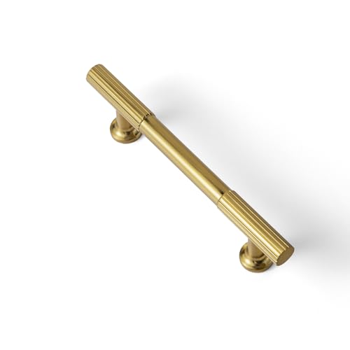 Goo-Ki Brushed Gold Zinc Alloy Cabinet Handles - 3.78''(96mm) Hole Center Striped Decorations Cabinet Pull Hardware for Bedroom, Kitchen, 6 Pack by Goo-Ki - Used condition - US$8.05