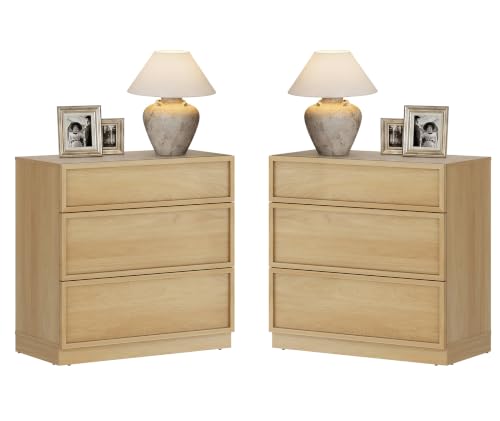 Image of WAMPAT Wided Nightstand with 3 Drawers, Modern Tall End Table with Large Storage for Bedroom, Bedroom Wooden Side Table and Closet Organizer, Oak, 2 Pcs