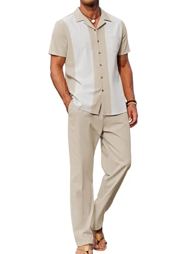 COOFANDY Men 2 Piece Linen Outfit Beach Button Down Shirt Casual Loose Pant Sets