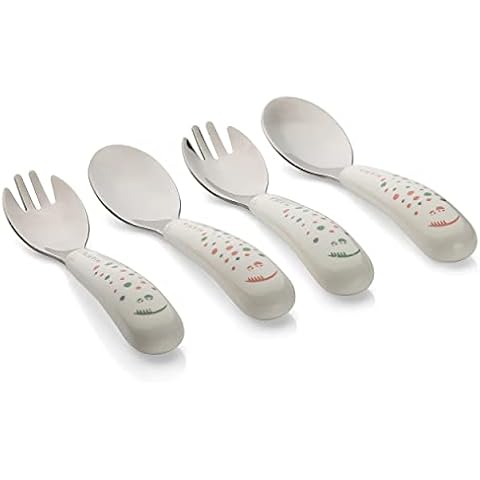 MiaMia Kinder und Baby Besteck Set - Babybesteck aus Edelstahl, rund mit dicken Griffen und abgestumpften Zacken, EN 14372 geprüft - Creme Weiß (ab 12 Monate (4 Teile)) Cover