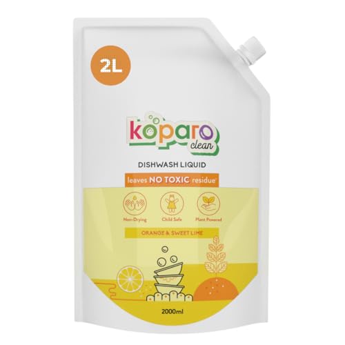 Koparo Organic Dishwash Liquid | 2 Litres Refill Pack | Powerful Grease Cutting Dishwasher Liquid | Thick Foam Liquid Dishwash for Kitchen Utensils | Baby & Pet Safe | Orange & Sweet Lime Fragrance