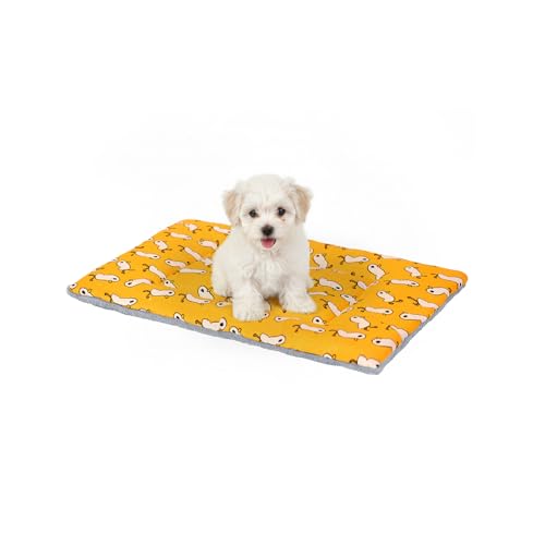 Image of Dogat 62x43 cm Small Dog Bed Mattress Washable, Flat Dogs Crate Mat for Calming Anxiety in Yellow, Pet Cushion Beds with Fluffy Plush Side