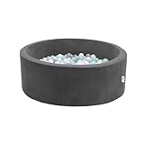 LittleStar® - Bällebad | 250 Bälle, ⌀ 6cm - perfekt greifbar | schadstofffrei | Rutschfester Boden | Kinder | Kleinkinder | Babys | ab 10 Monaten (Mint-grau-weiß, 90x30cm rund, Bällebad Cord grau)
