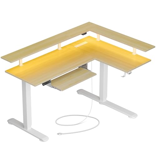Image of Rolanstar L Shaped Standing Desk with Keyboard Tray, Height Adjustable Corner Desk with LED Light & Power Outlet, Electric Sit Stand Computer Desk with Monitor Stand, Beige