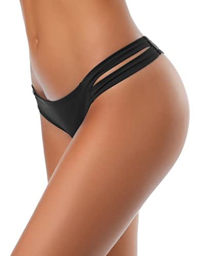 Shekini Bikini Bottoms Strappy Low Rise Brazilian Thong Sexy Swim Bottom For Women Manhattan Black #TOP2