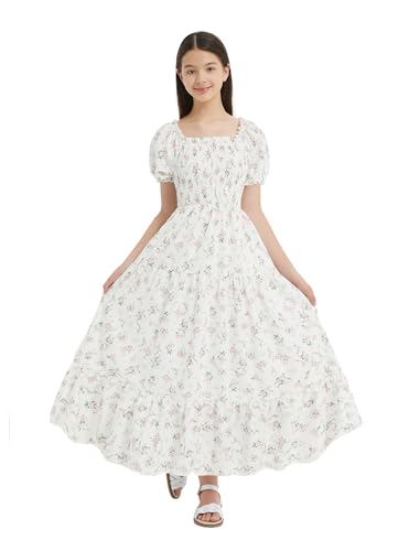 EXARUS Girls Maxi Long Smocked Dress Tween Swiss Dots Summer Square Neck Short Sleeve Casual A-line Dresses for 6-12Y