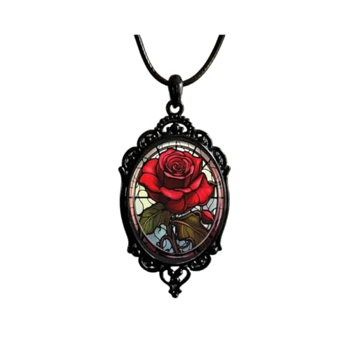 MIFYNN Gothic Rose Glass Necklace for Women Vintage Satan Demon Pendant Halloween Roses Necklaces Dark Punk Style Necklace Victoria Emboss Necklaces Mystic Witch Jewelry Gift Accessories (Red Rose)